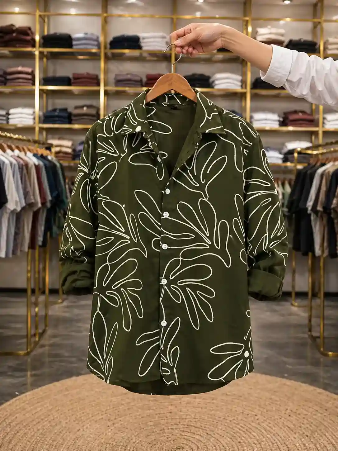 Men’s Stylish Leaf Printed Shirt – Olive Green Full Sleeve Casual Shirt