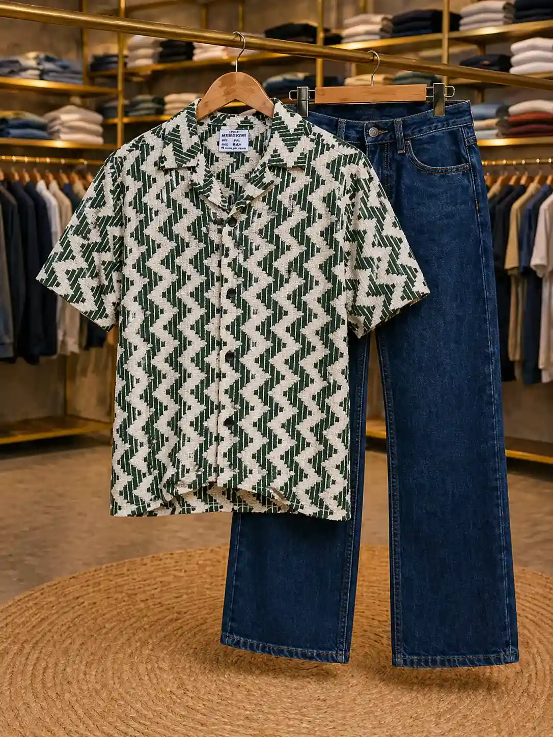 Men’s Stylish Zig-Zag Print Shirt – Green & White Half Sleeve Casual Wear