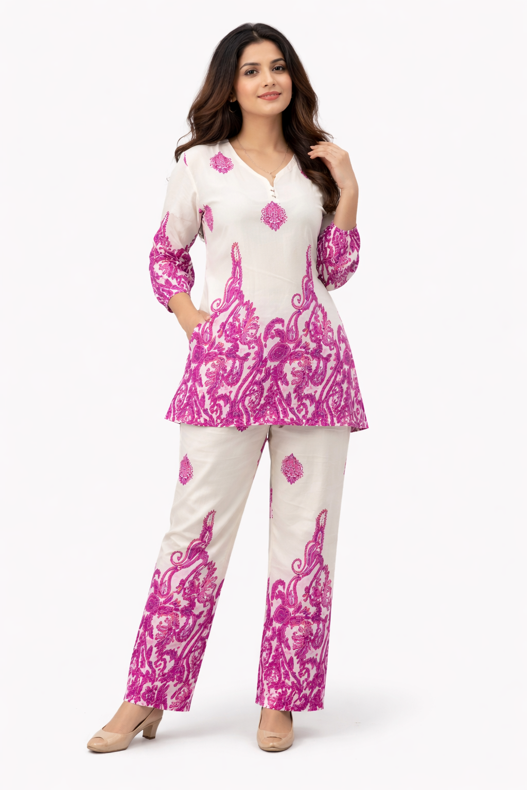 Women’s Pink Printed Co-Ord Set – Elegant Paisley Kurta with Straight Pants