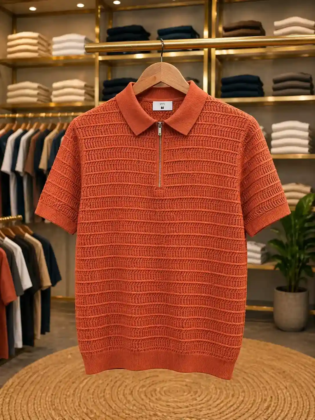 Men’s Textured Knit Polo T-Shirt – Rust Orange Half Sleeve Polo