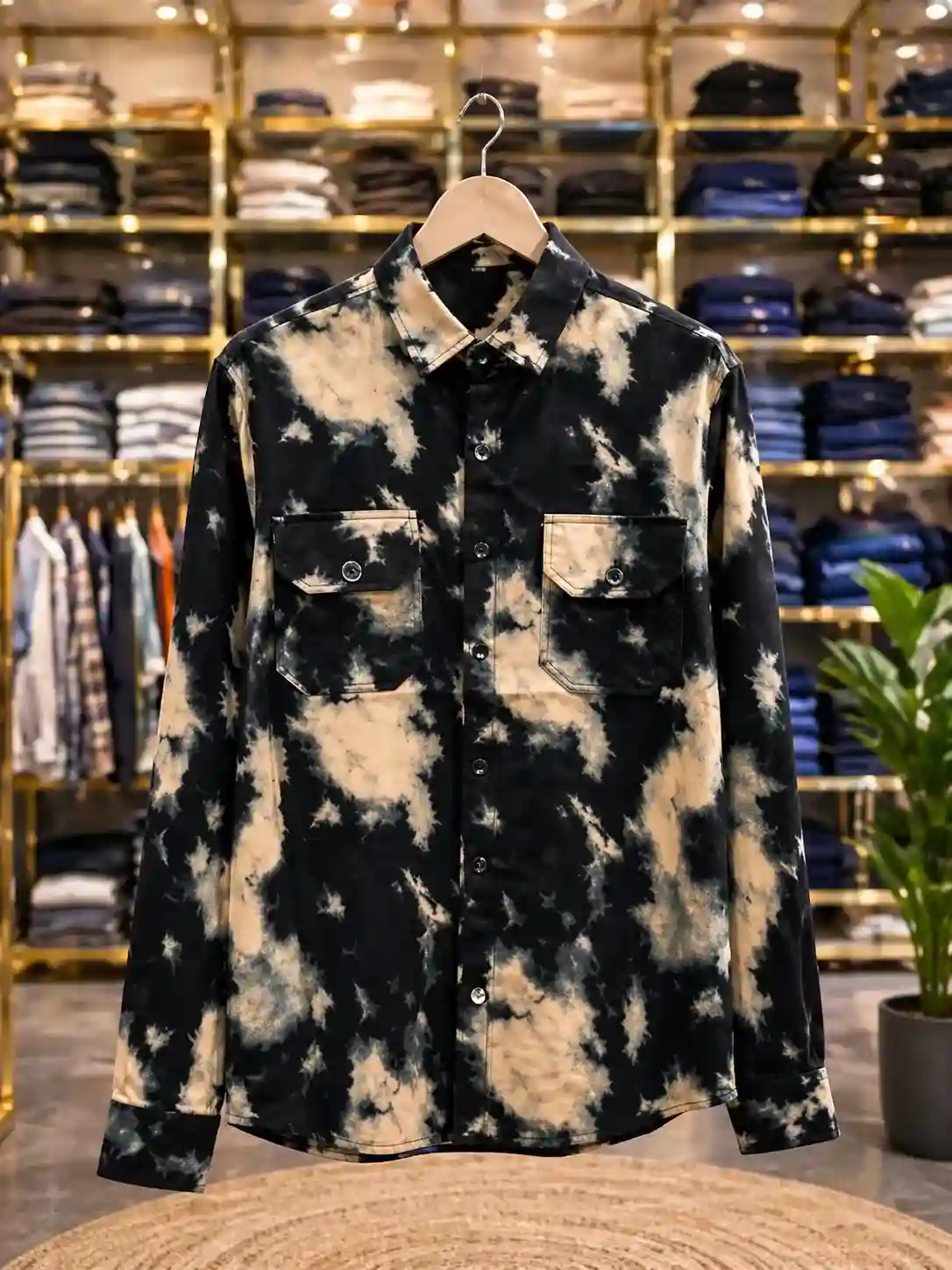 Men’s Tie-Dye Printed Shirt – Black & Beige Designer Full Sleeve Shirt
