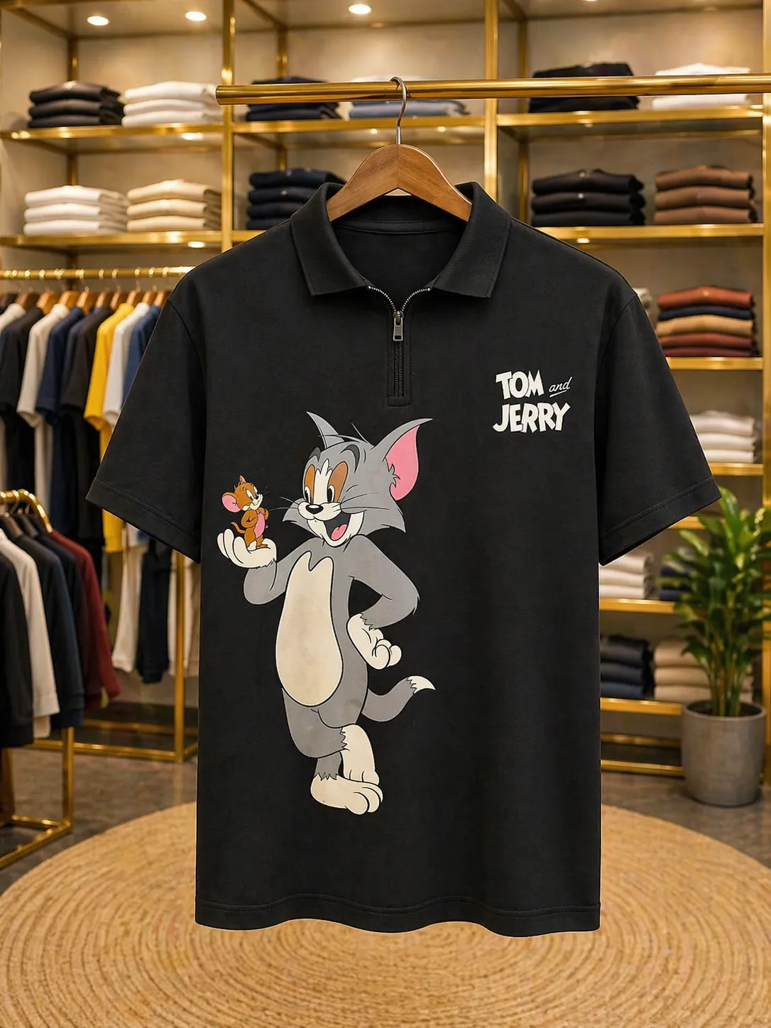 Men’s Trendy Cartoon Printed Polo T-Shirt – Brown Tom & Jerry Print Half Sleeve Tee - Image 2