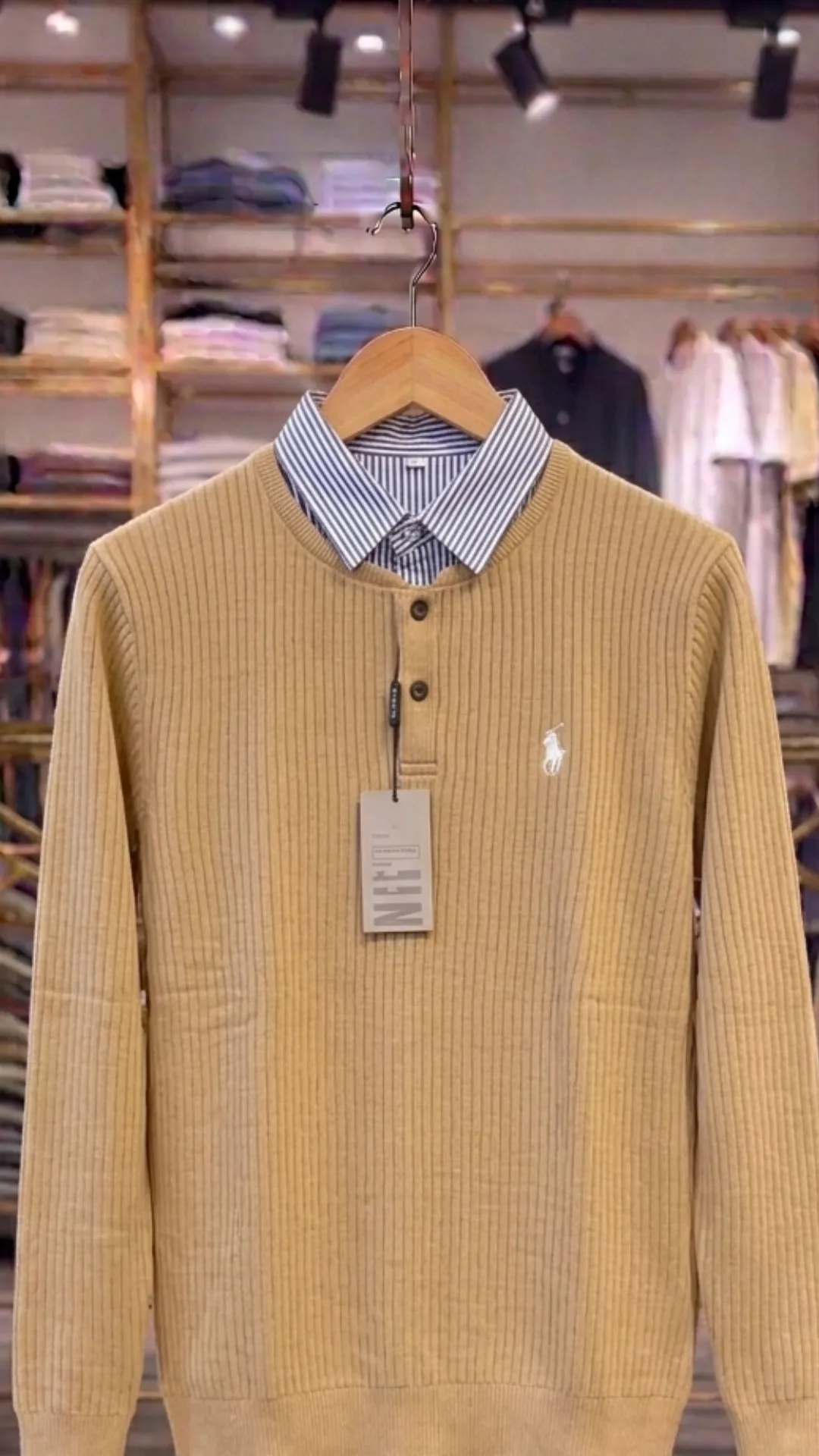 Men’s Smart Layered Knit Sweater – Ribbed Pullover with Shirt Collar - Image 2