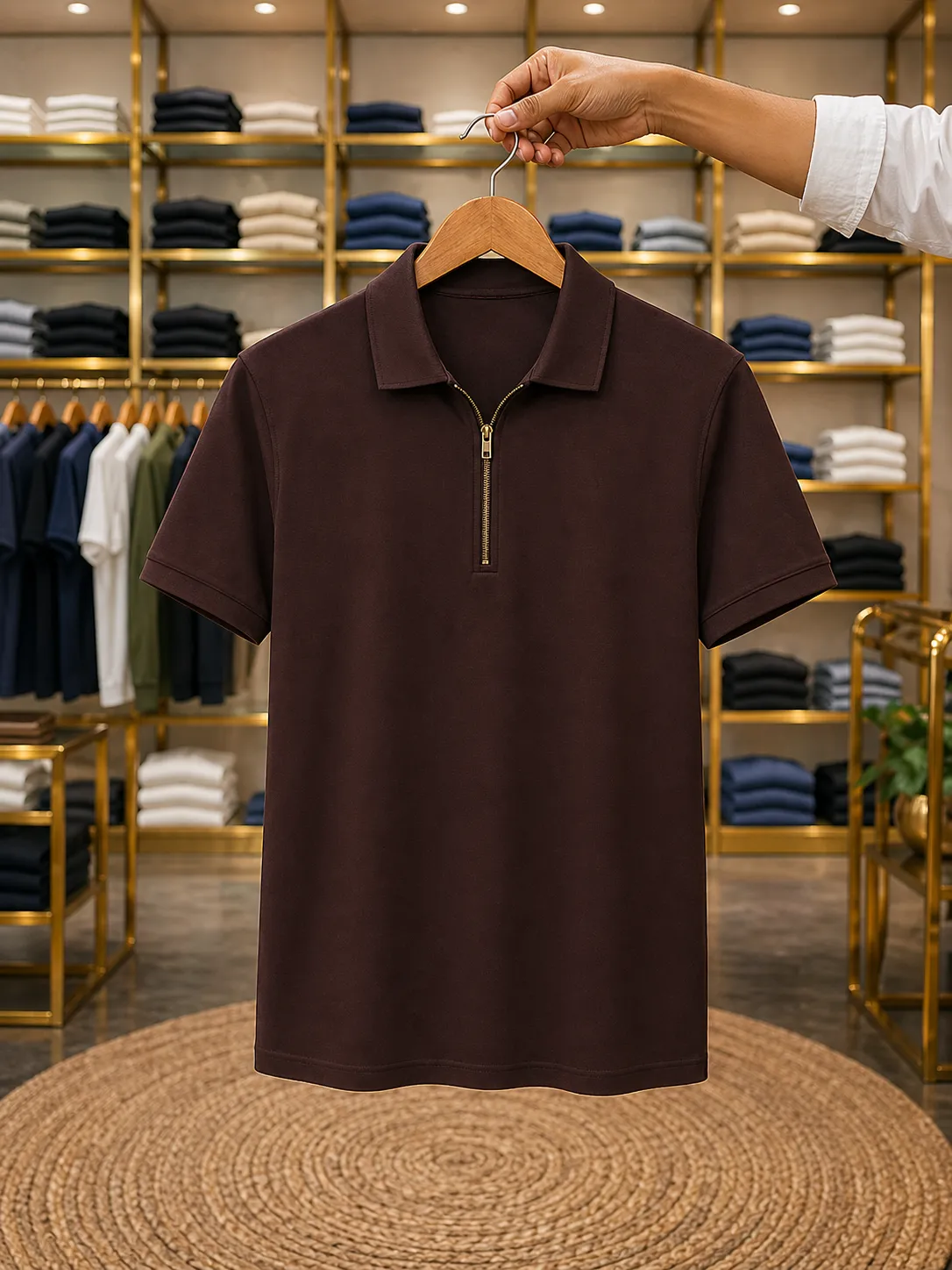 Men’s Comfort Fit Solid Polo T-Shirt – Black Half Sleeve Zip Neck - Image 2