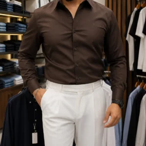 Men’s Premium Formal Shirt & Trouser Combo | Stylish Coffee Brown Shirt with White Trouser | Smart Casual Outfit
