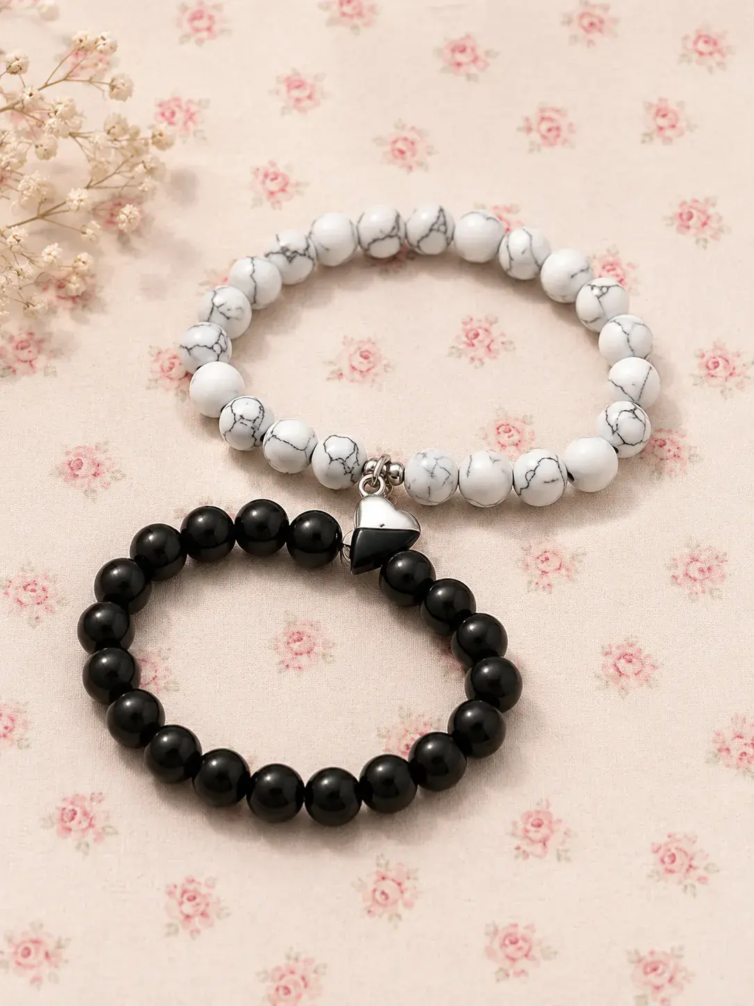 Yin Yang Couple Beaded Bracelet Set – Matching Black & White Stone Bracelets
