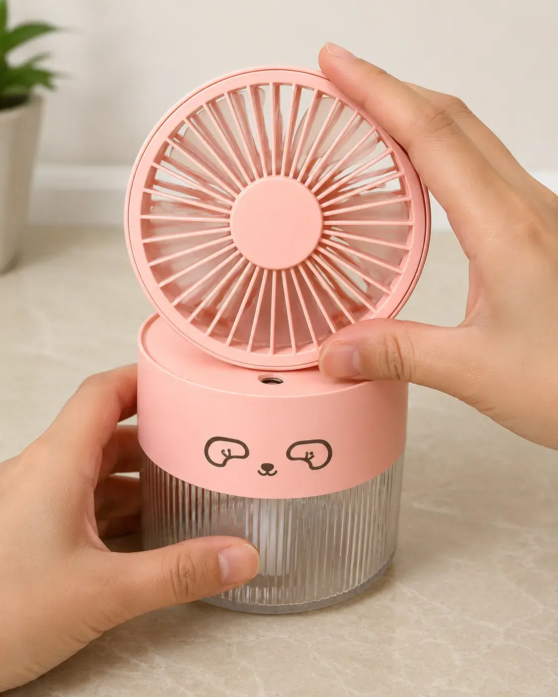 Cute Portable Mini Fan with Humidifier – Pink Rechargeable Desk Fan