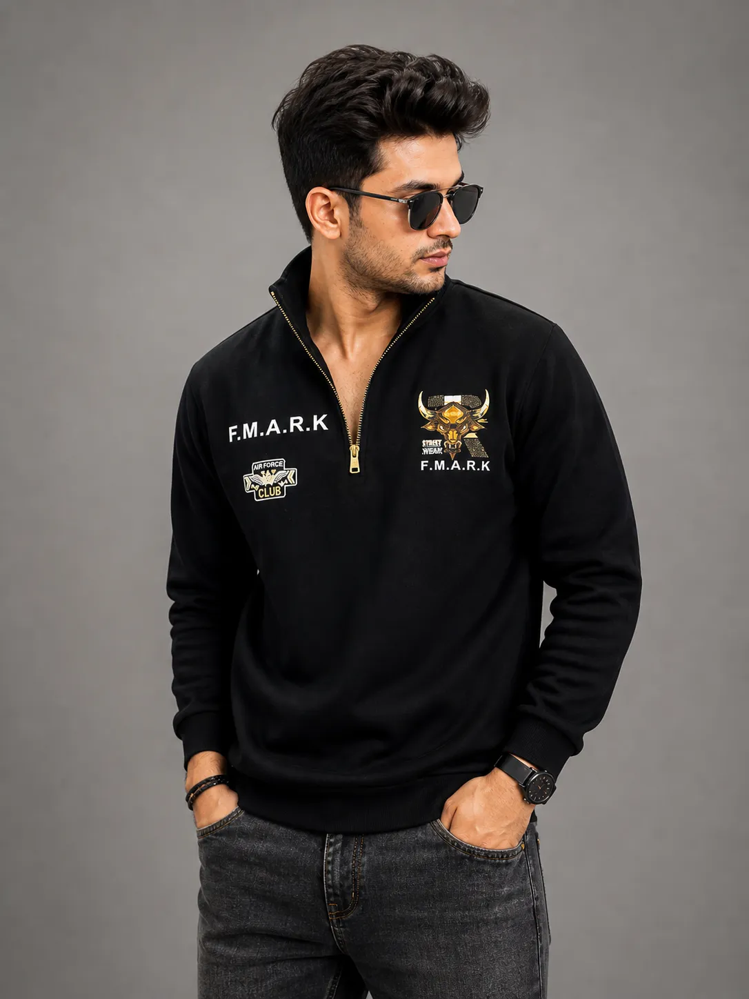 Men’s Black Printed Sweatshirt with Zip Neck | Premium Winter Stylish Sweatshirt for Men | Trendy Streetwear