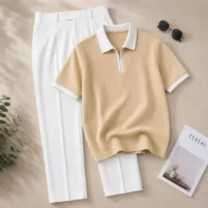 Premium Beige Textured Zip-Polo and Tailored White Trousers Set