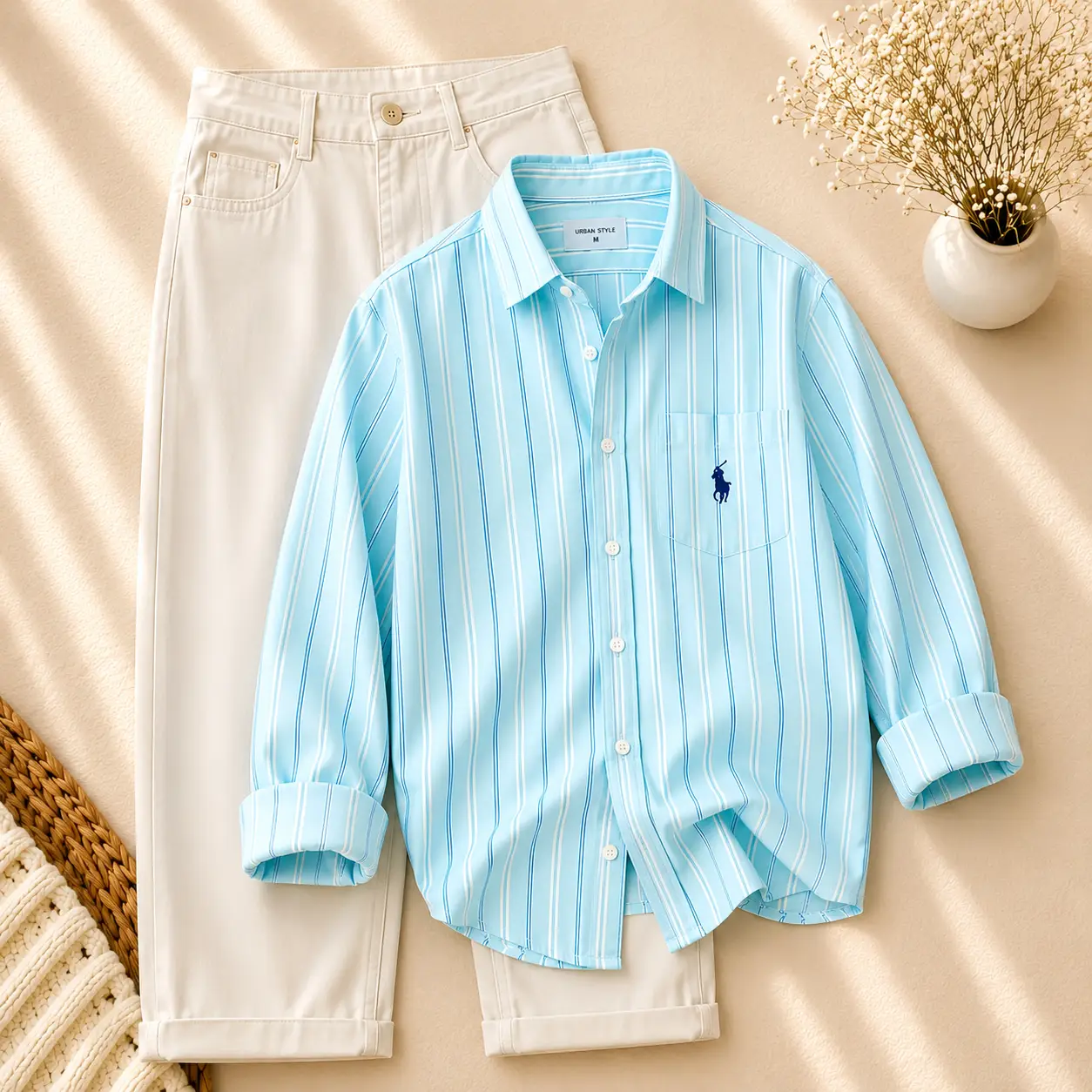 Refreshing Mint Green Striped Shirt and Crisp White Trousers Set - Image 5