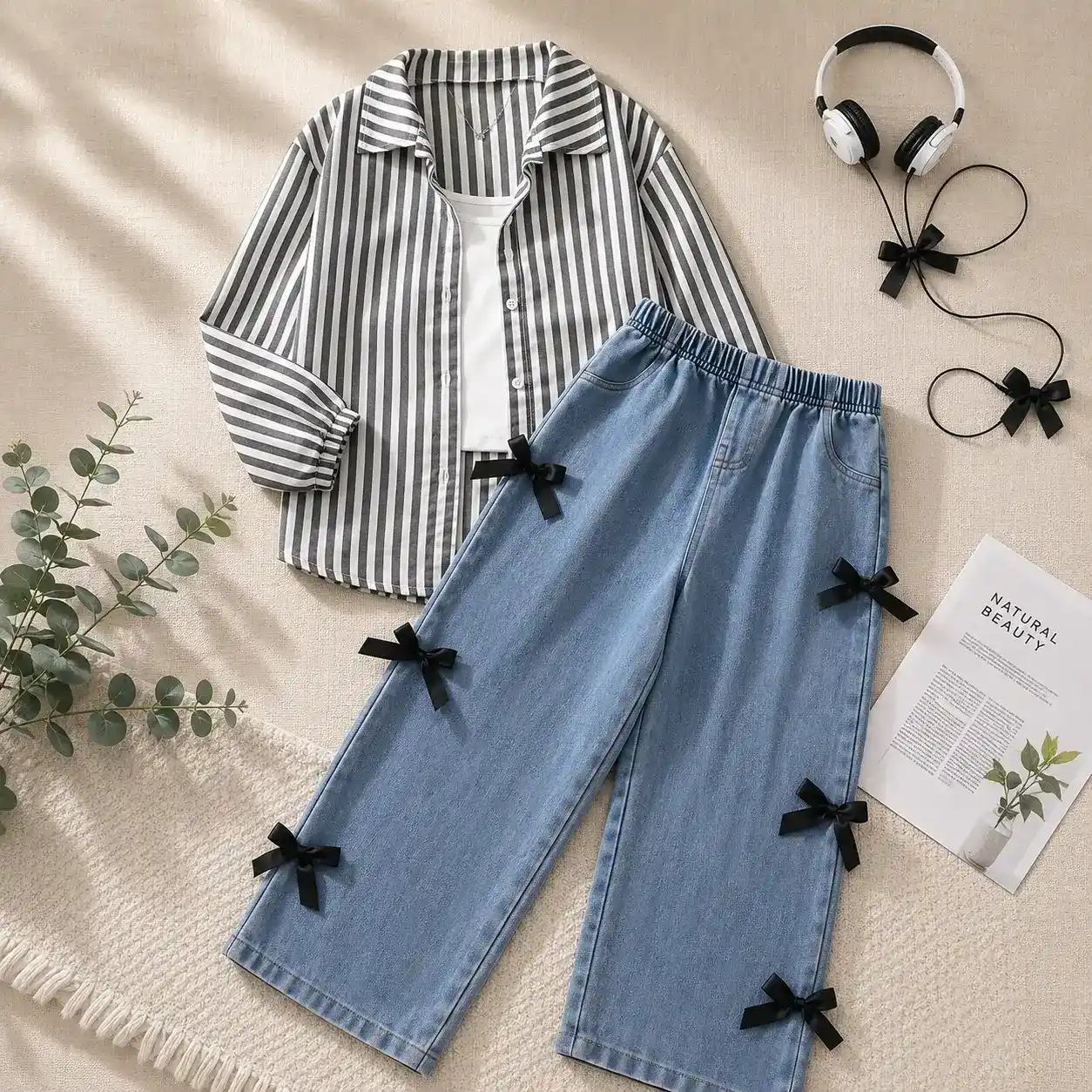 Trendy Sky Blue Striped Top and Bow-Embellished Wide-Leg Jeans Outfit - Image 2