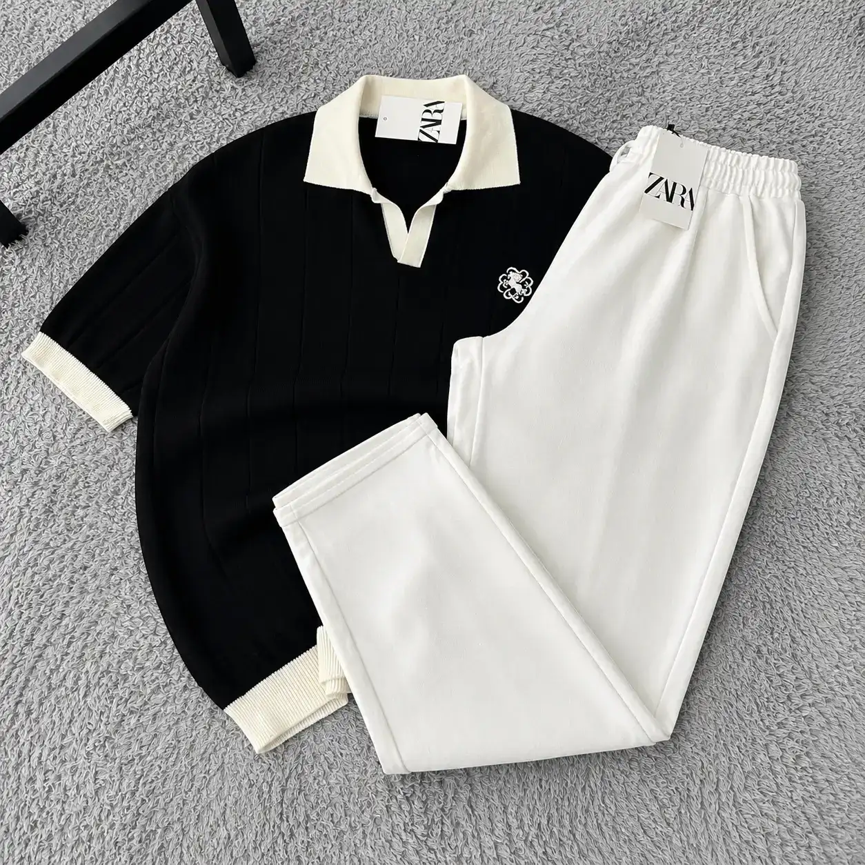 Sophisticated Dark Green Ribbed Knit Polo and Beige Trousers Set - Image 2