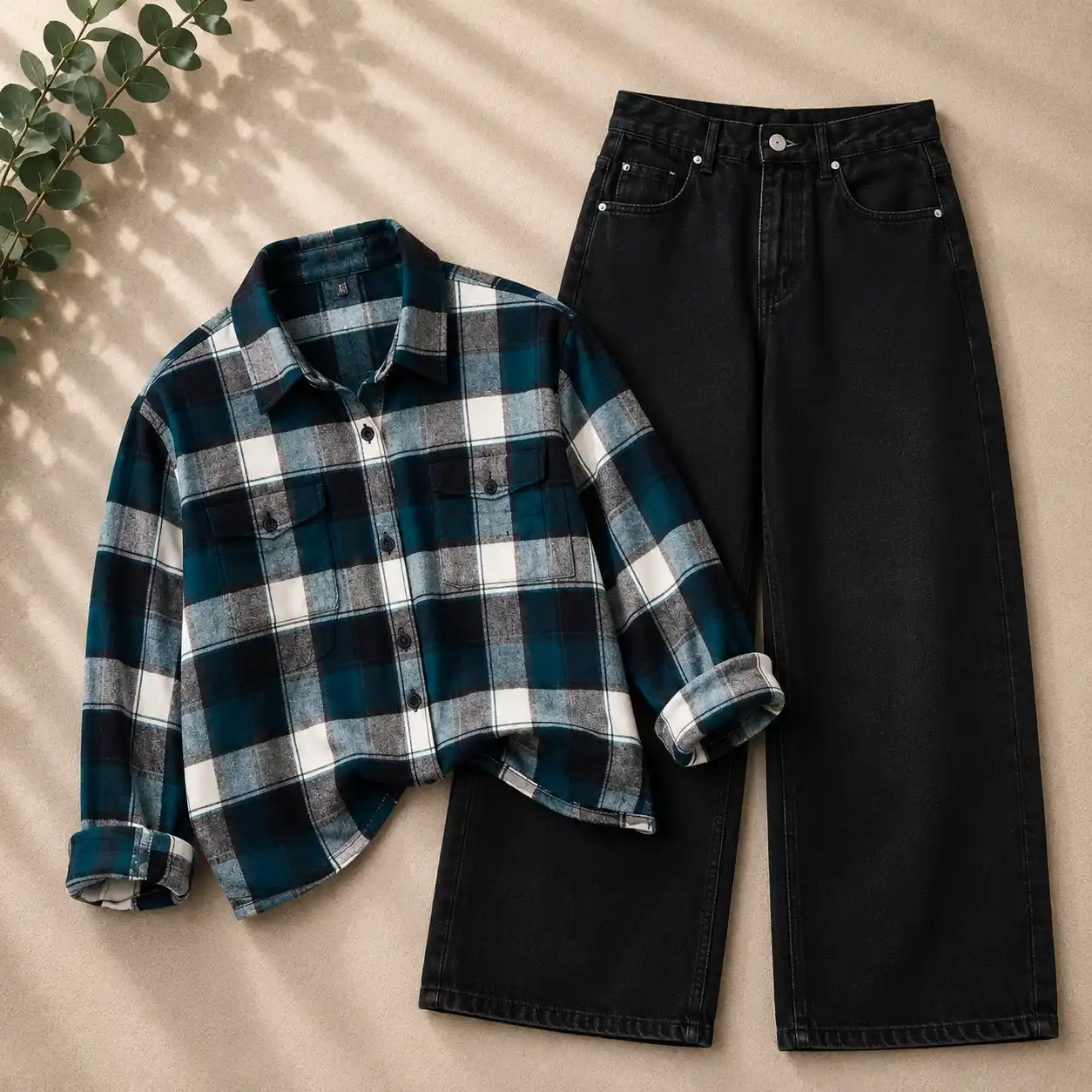 Edgy Charcoal Textured Denim Overshirt and Wide-Leg Pants Set - Image 2
