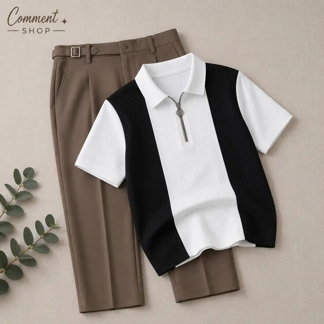 Minimalist Monochrome Zip-Polo and Pleated Trousers Co-ord - Image 3
