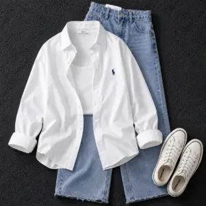 Minimalist White Button-Down Shirt and Light Wash Blue Jeans Set
