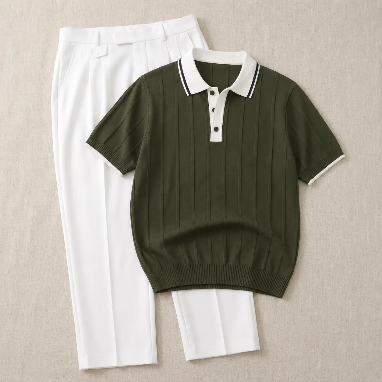 Elegant Olive Green Knit Polo and Tailored White Pleated Trousers Set