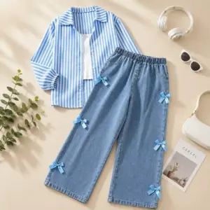 Trendy Sky Blue Striped Top and Bow-Embellished Wide-Leg Jeans Outfit