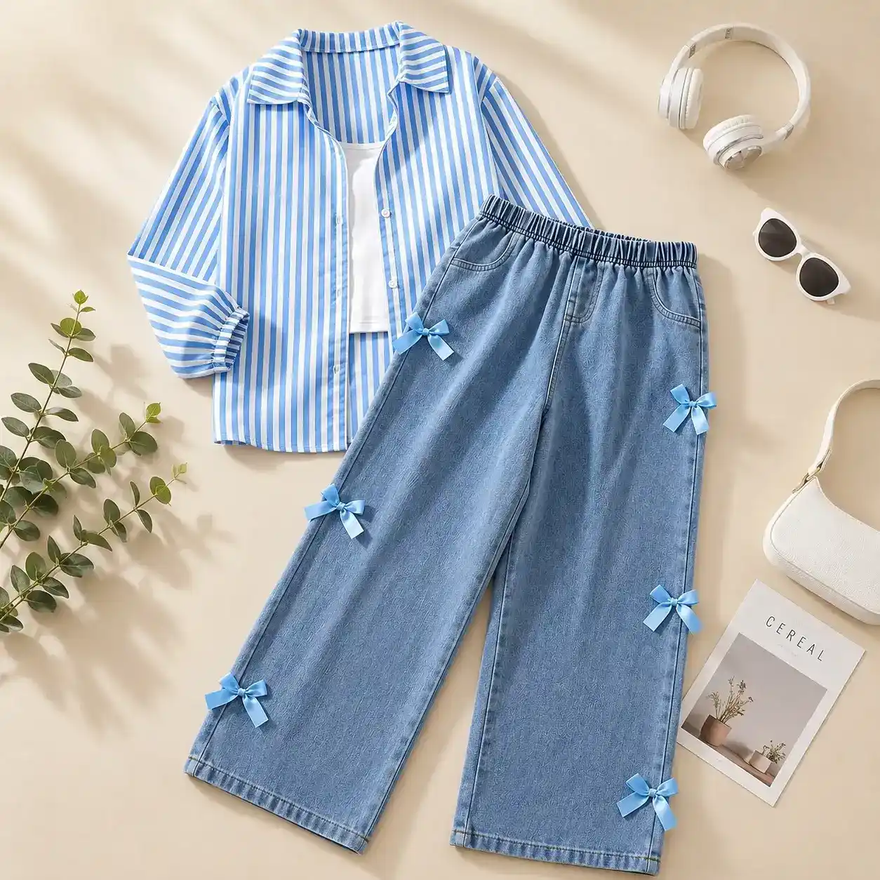 Trendy Sky Blue Striped Top and Bow-Embellished Wide-Leg Jeans Outfit