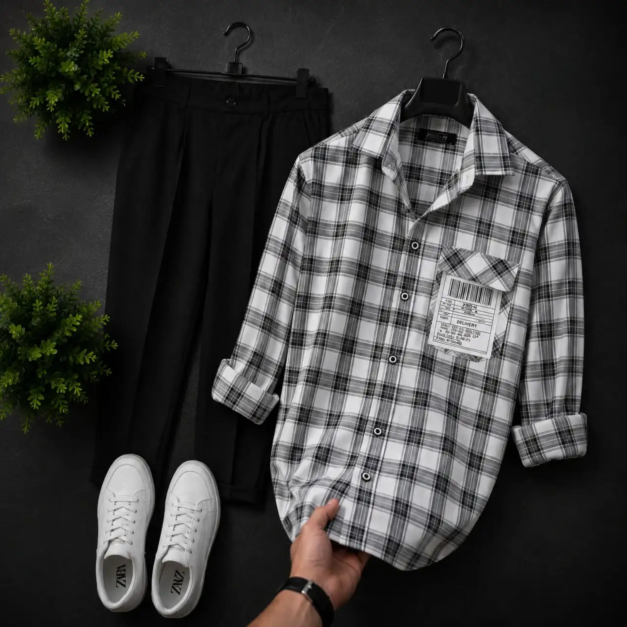 Refined Olive Textured Zip-Polo and Black Trousers Outfit - Image 4