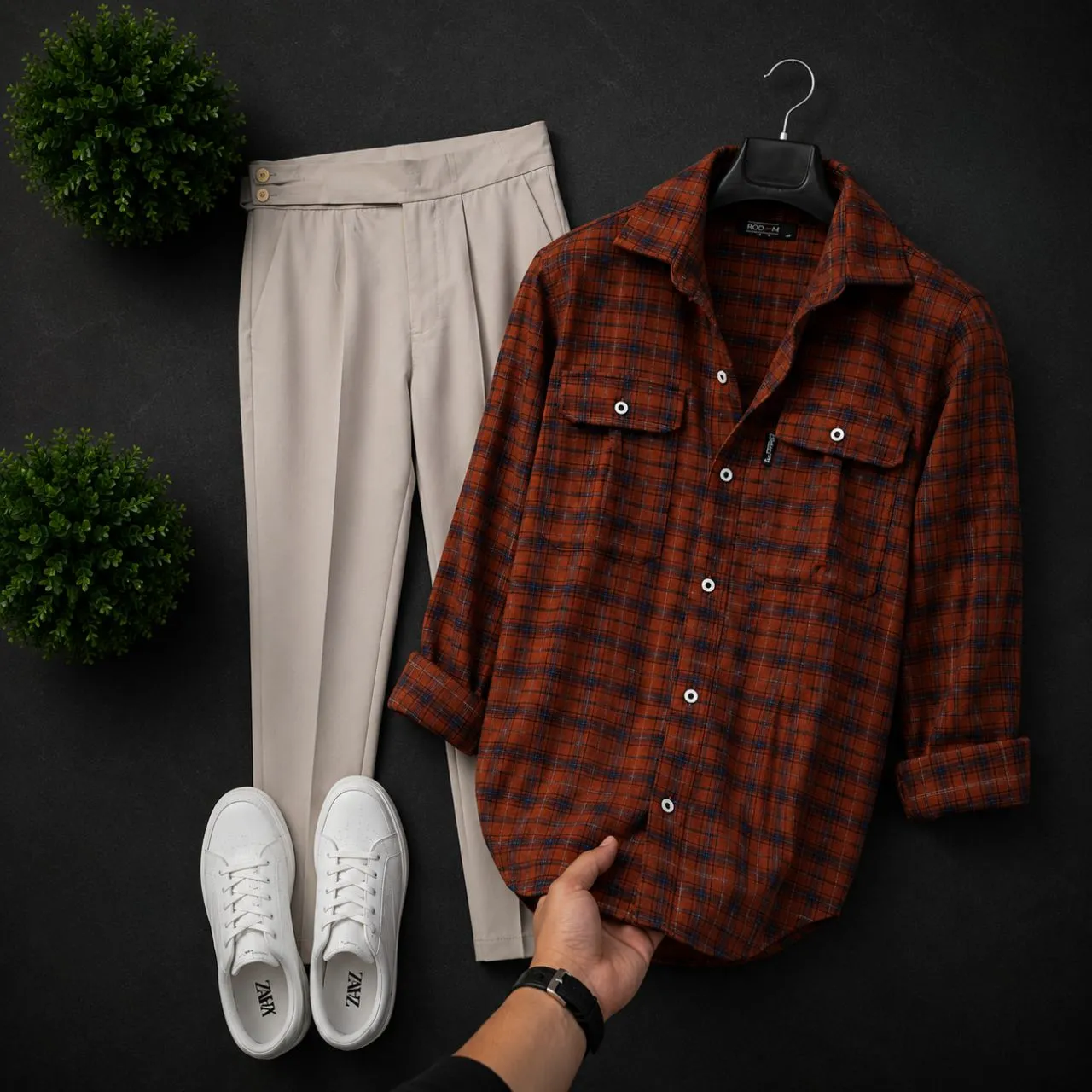 Refined Olive Textured Zip-Polo and Black Trousers Outfit - Image 3
