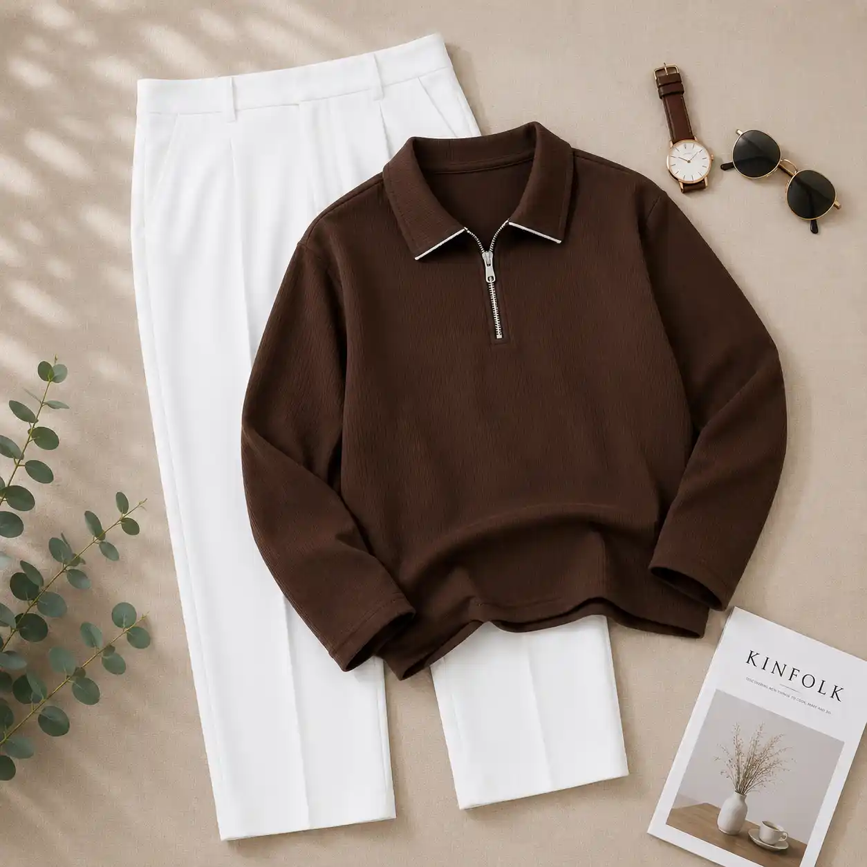 Premium Beige Textured Zip-Polo and Tailored White Trousers Set - Image 5