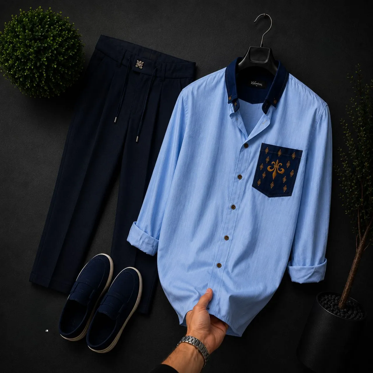 Refined Olive Textured Zip-Polo and Black Trousers Outfit - Image 5