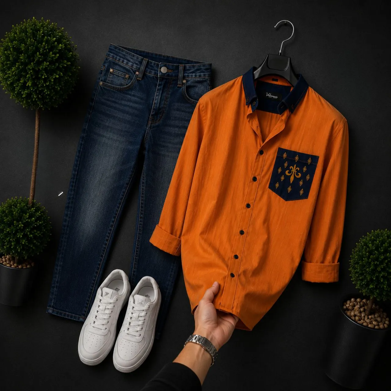Refined Olive Textured Zip-Polo and Black Trousers Outfit - Image 6