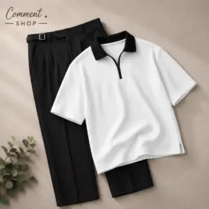 Minimalist Monochrome Zip-Polo and Pleated Trousers Co-ord