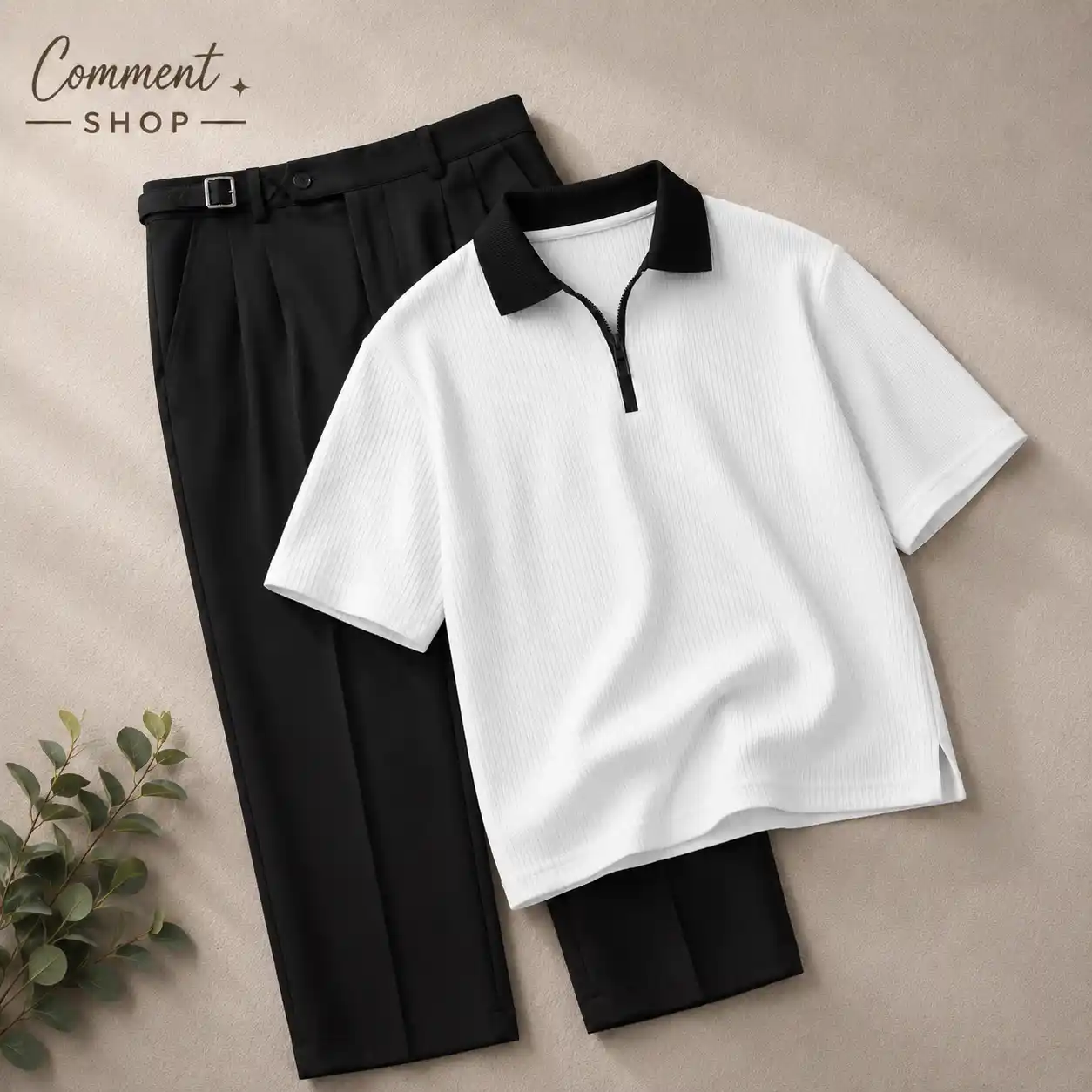 Minimalist Monochrome Zip-Polo and Pleated Trousers Co-ord