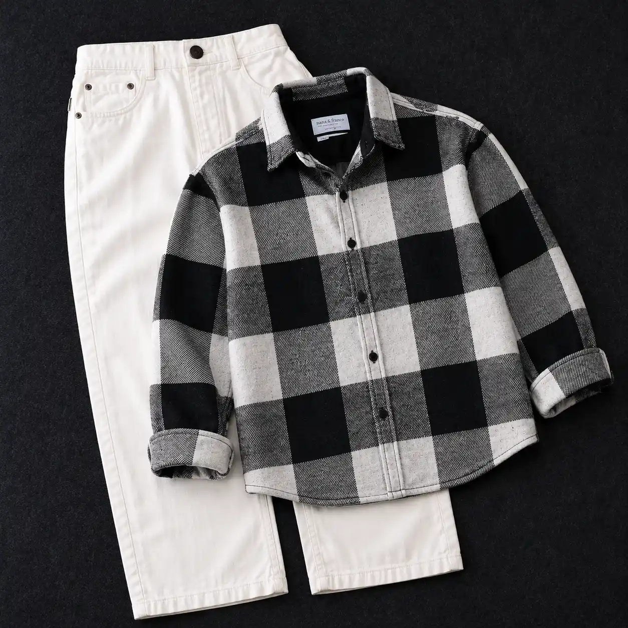 Classic Blue and White Checkered Shirt with White Denim Set-76 - Image 3