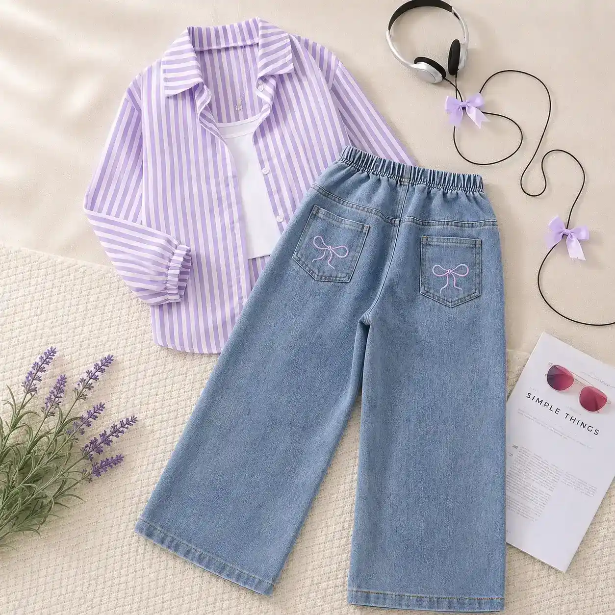 Trendy Sky Blue Striped Top and Bow-Embellished Wide-Leg Jeans Outfit - Image 3