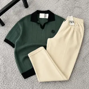 Sophisticated Dark Green Ribbed Knit Polo and Beige Trousers Set