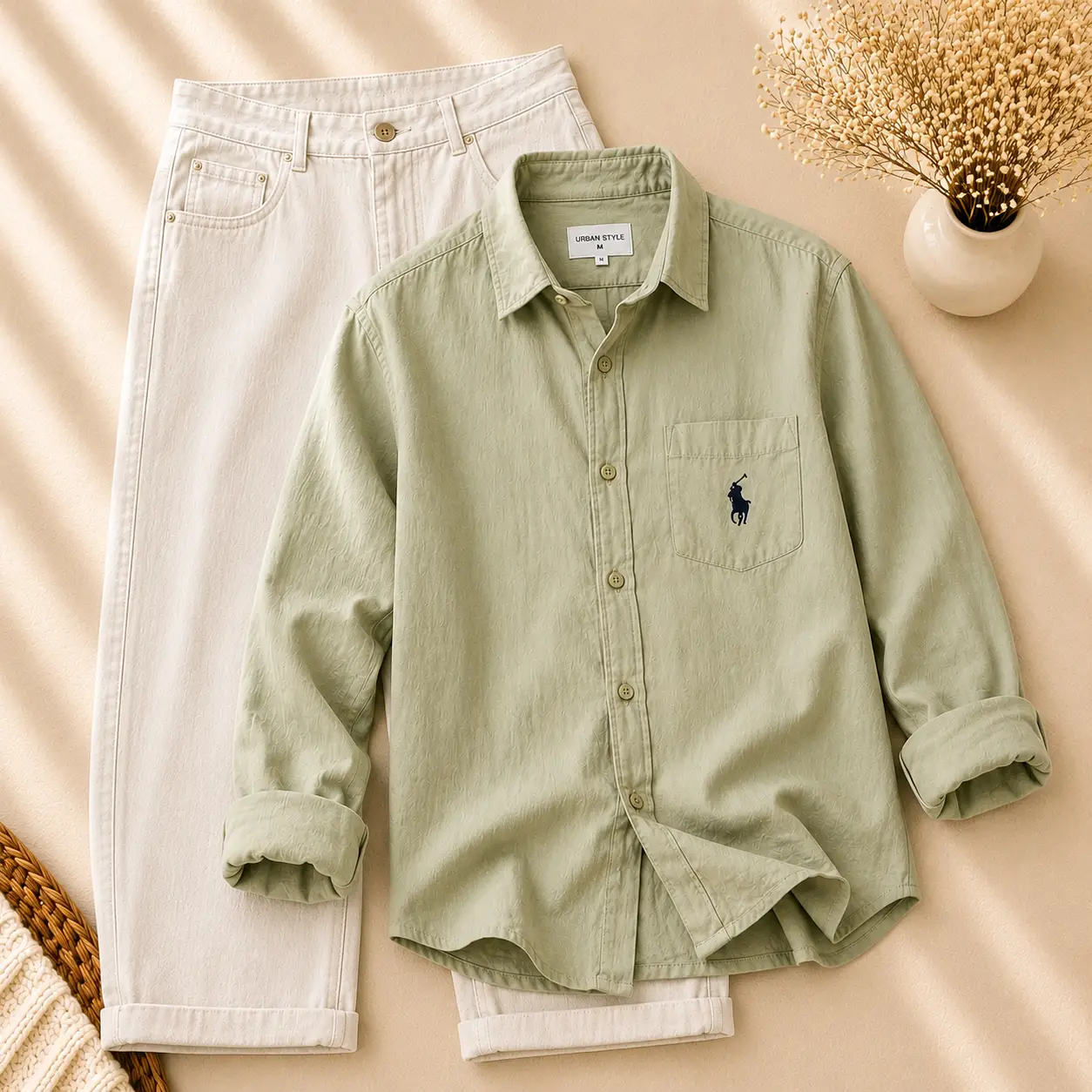 Refreshing Mint Green Striped Shirt and Crisp White Trousers Set - Image 3