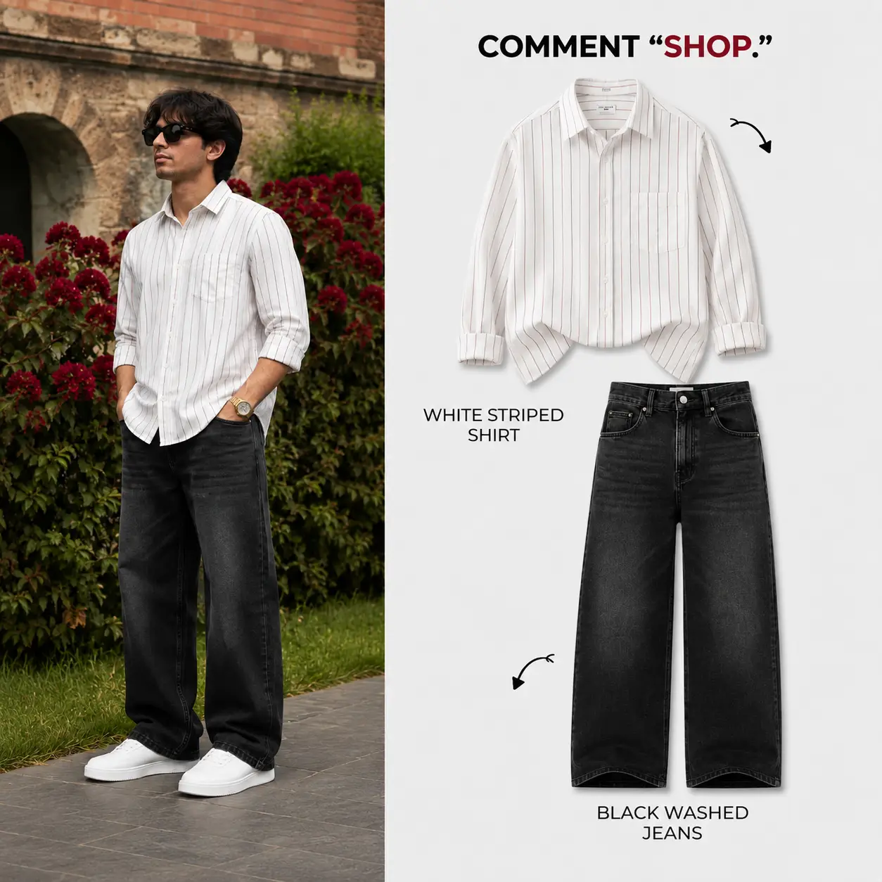 Casual Beige Striped Button-Down and Black Washed Wide-Leg Jeans Combo - Image 3
