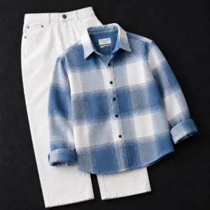 Classic Blue and White Checkered Shirt with White Denim Set-76
