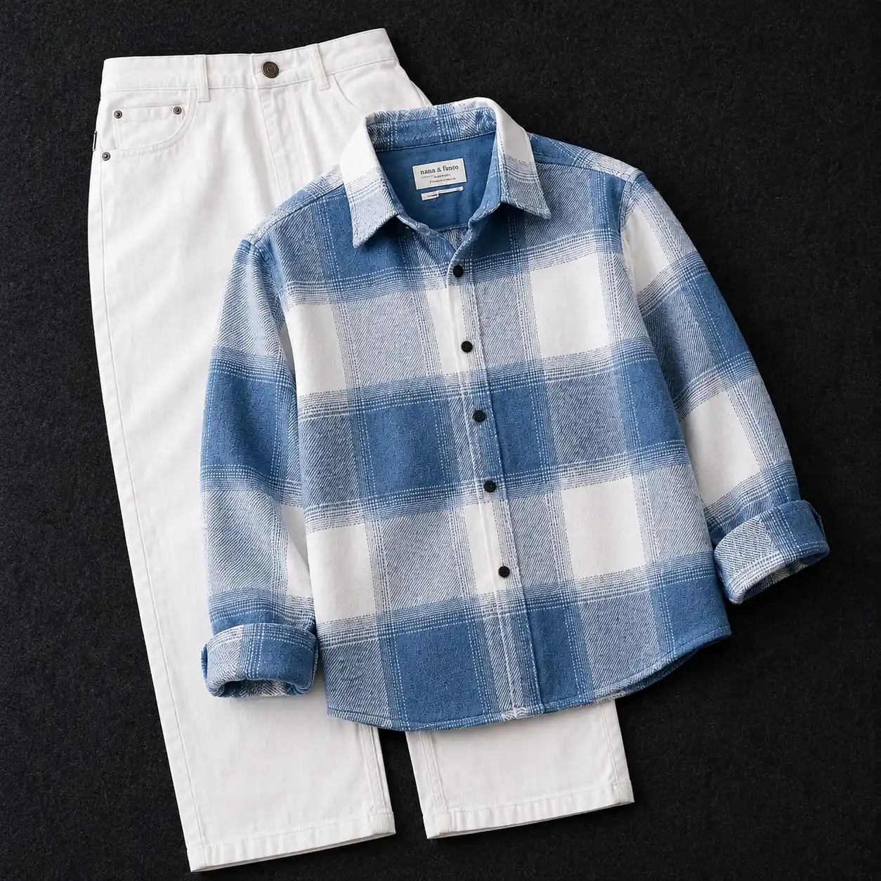 Classic Blue and White Checkered Shirt with White Denim Set-76