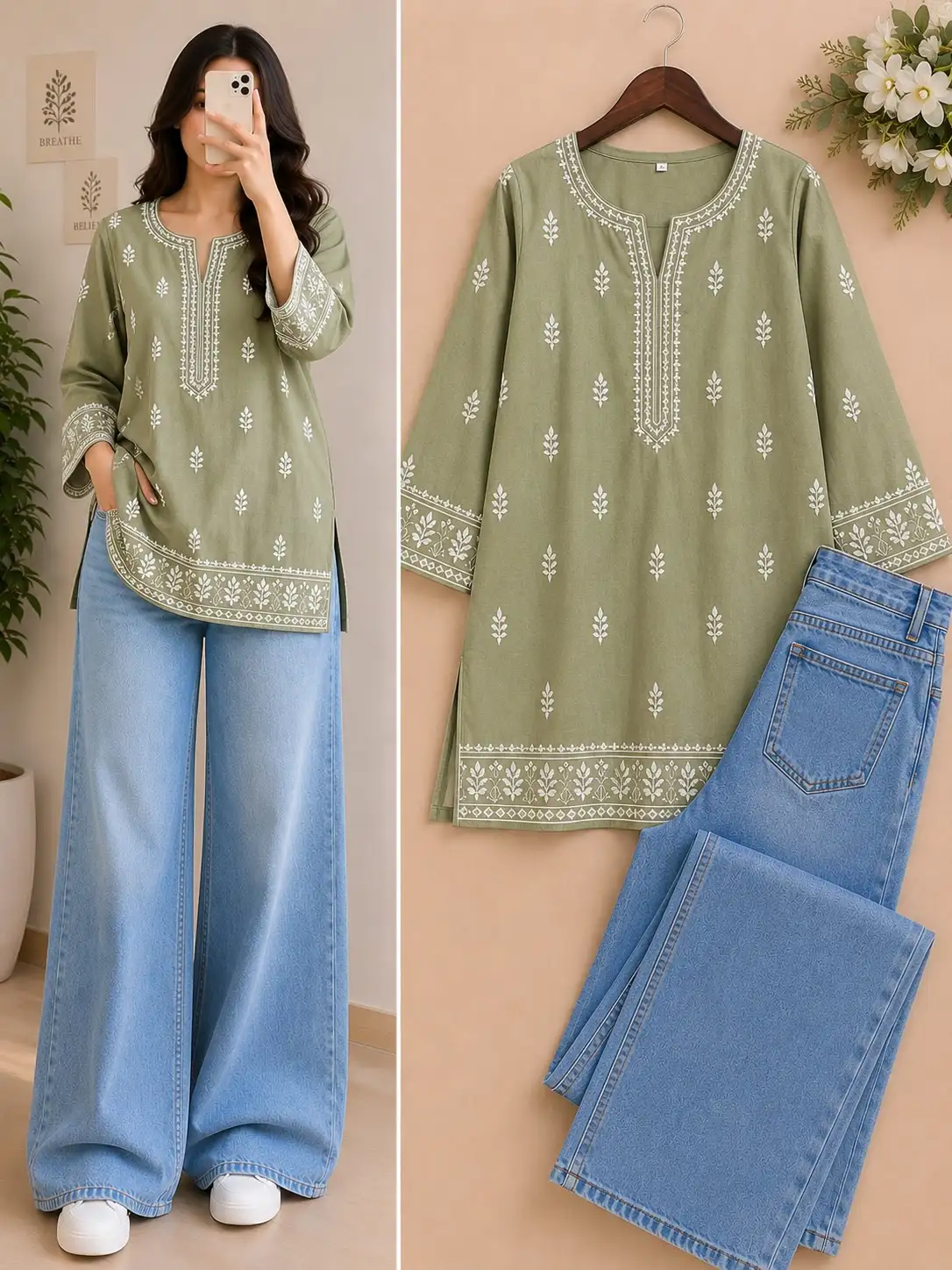 Women’s Floral Printed Peplum Top with Wide Leg Denim Jeans Co-Ord Set - Image 2