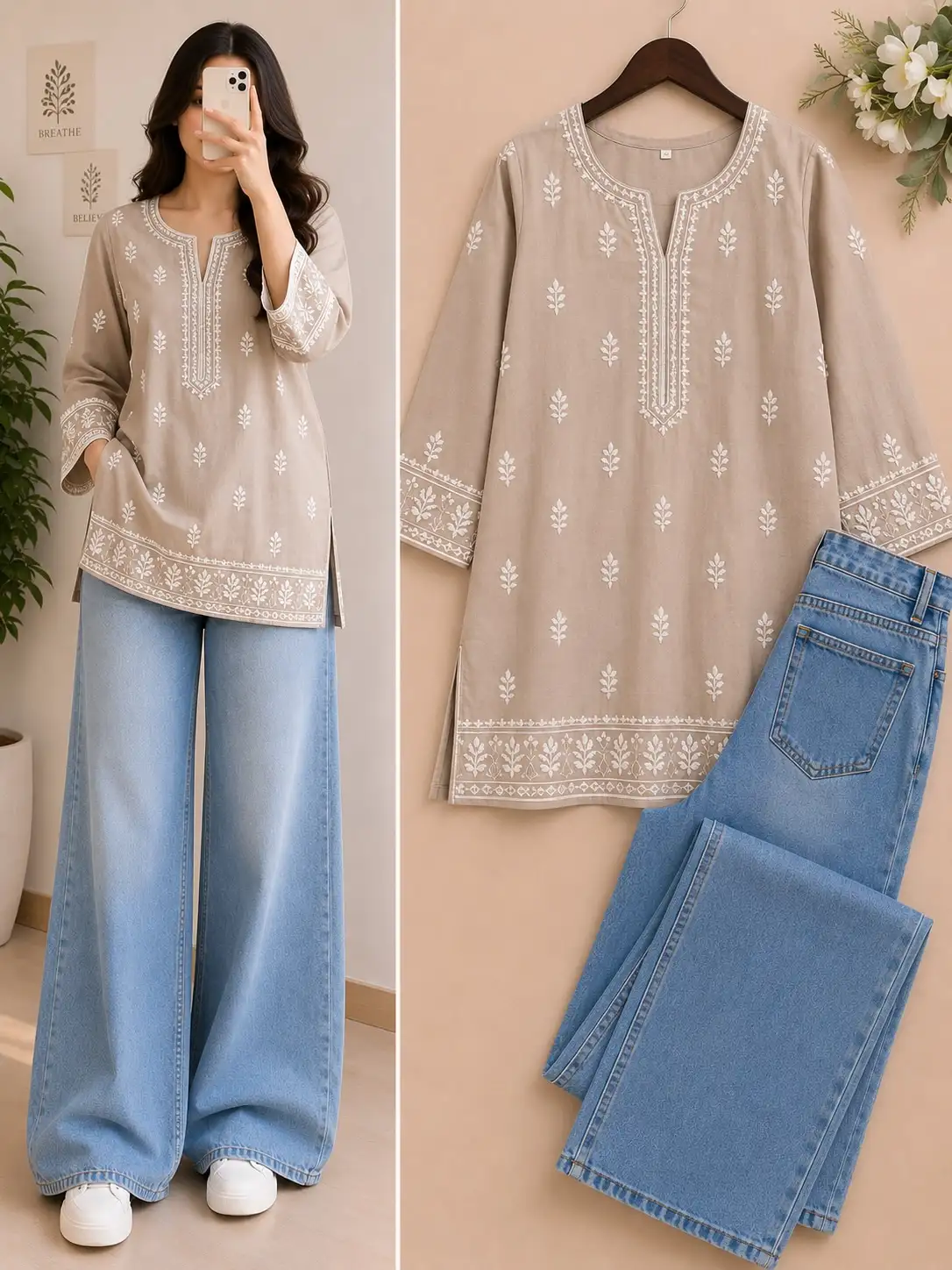Women’s Floral Printed Peplum Top with Wide Leg Denim Jeans Co-Ord Set - Image 4