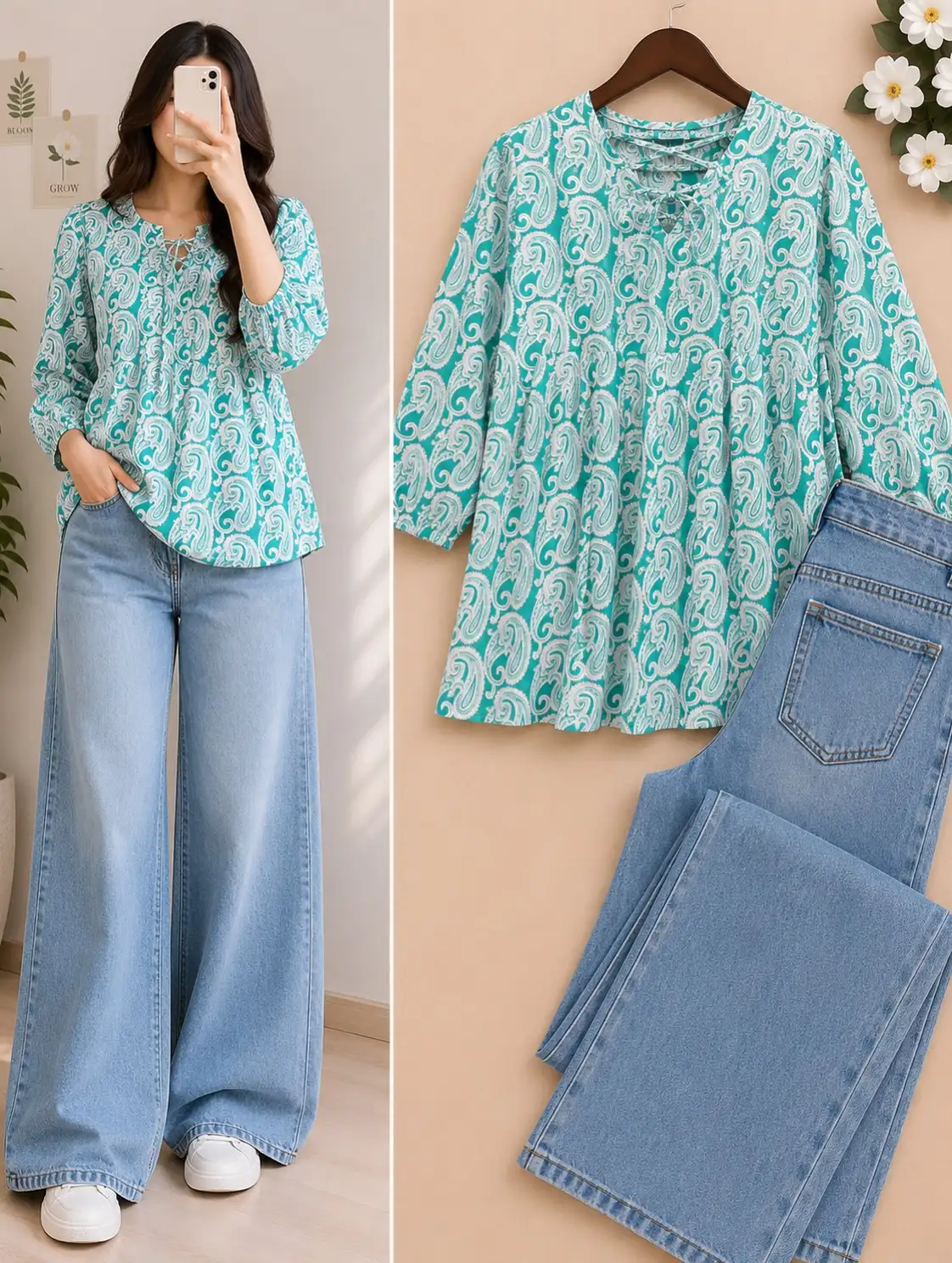 Women’s Floral Printed Peplum Top with Wide Leg Denim Jeans Co-Ord Set - Image 3