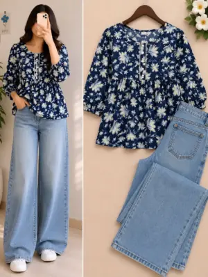 Women’s Floral Printed Peplum Top with Wide Leg Denim Jeans Co-Ord Set