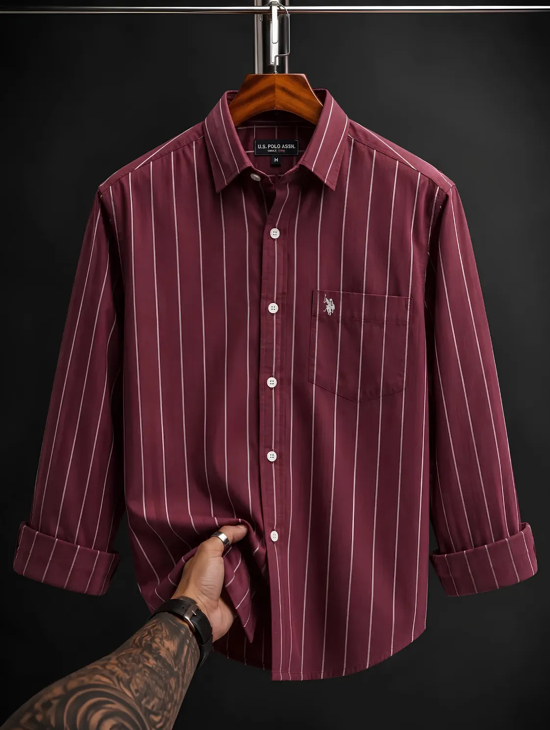 Classic Maroon and White Striped Button-Down Shirt - Image 6