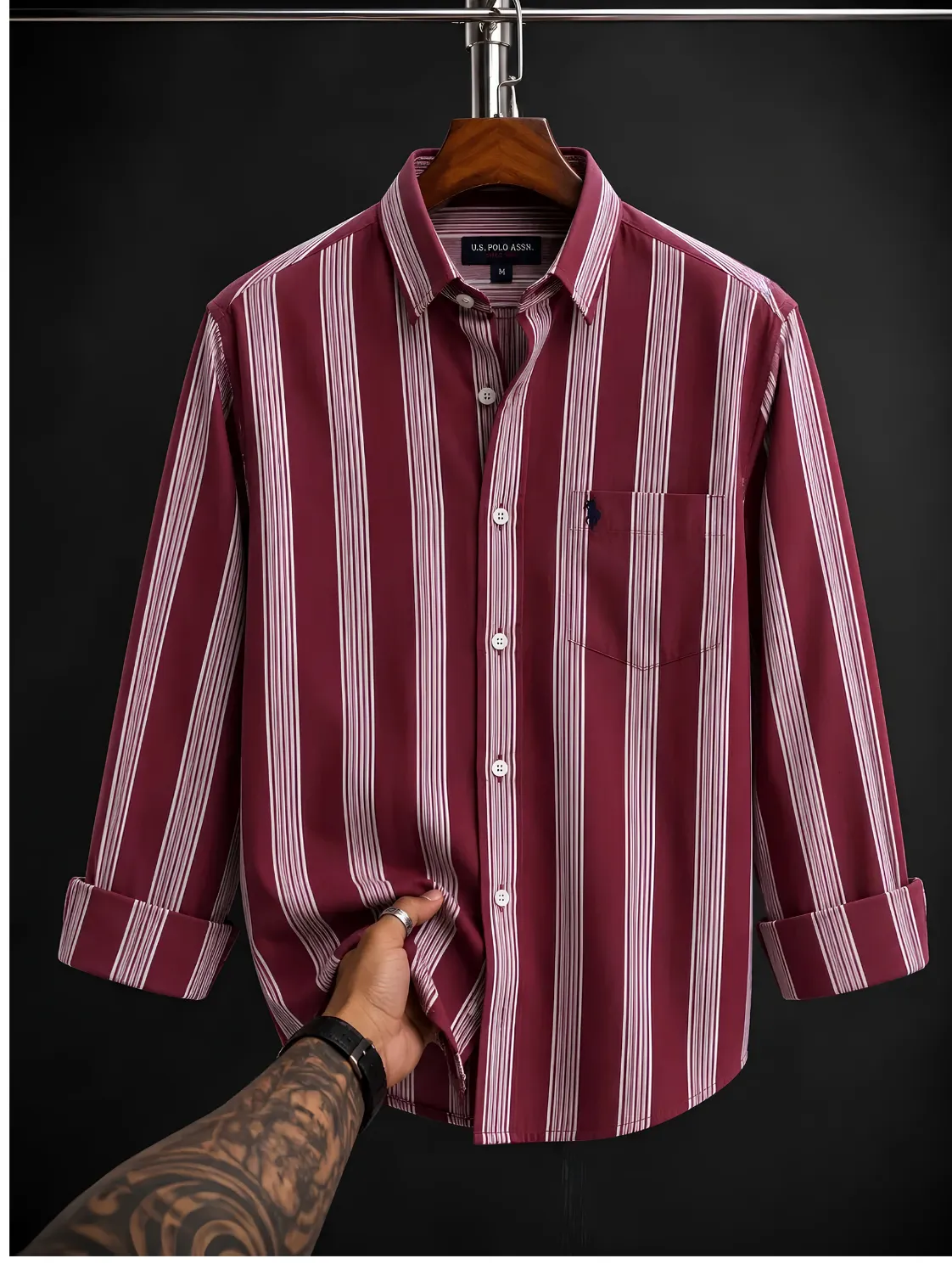 Classic Maroon and White Striped Button-Down Shirt