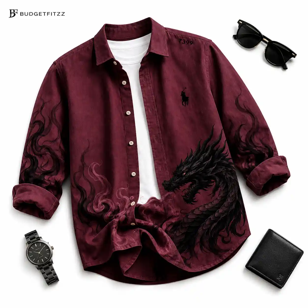 Striking Beige Dragon Print Overshirt and White Tee Combo - Image 2
