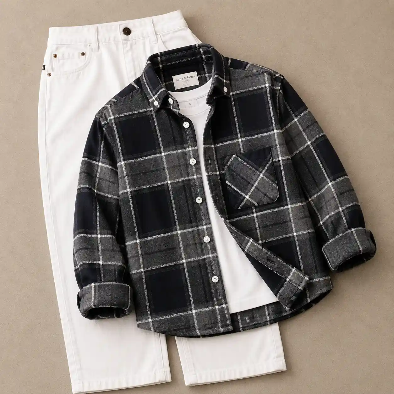 Sleek Grey Utility Shirt and Crisp White Trousers Co-ord Set - Image 3