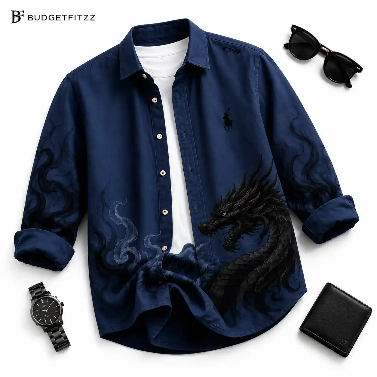 Striking Beige Dragon Print Overshirt and White Tee Combo - Image 4