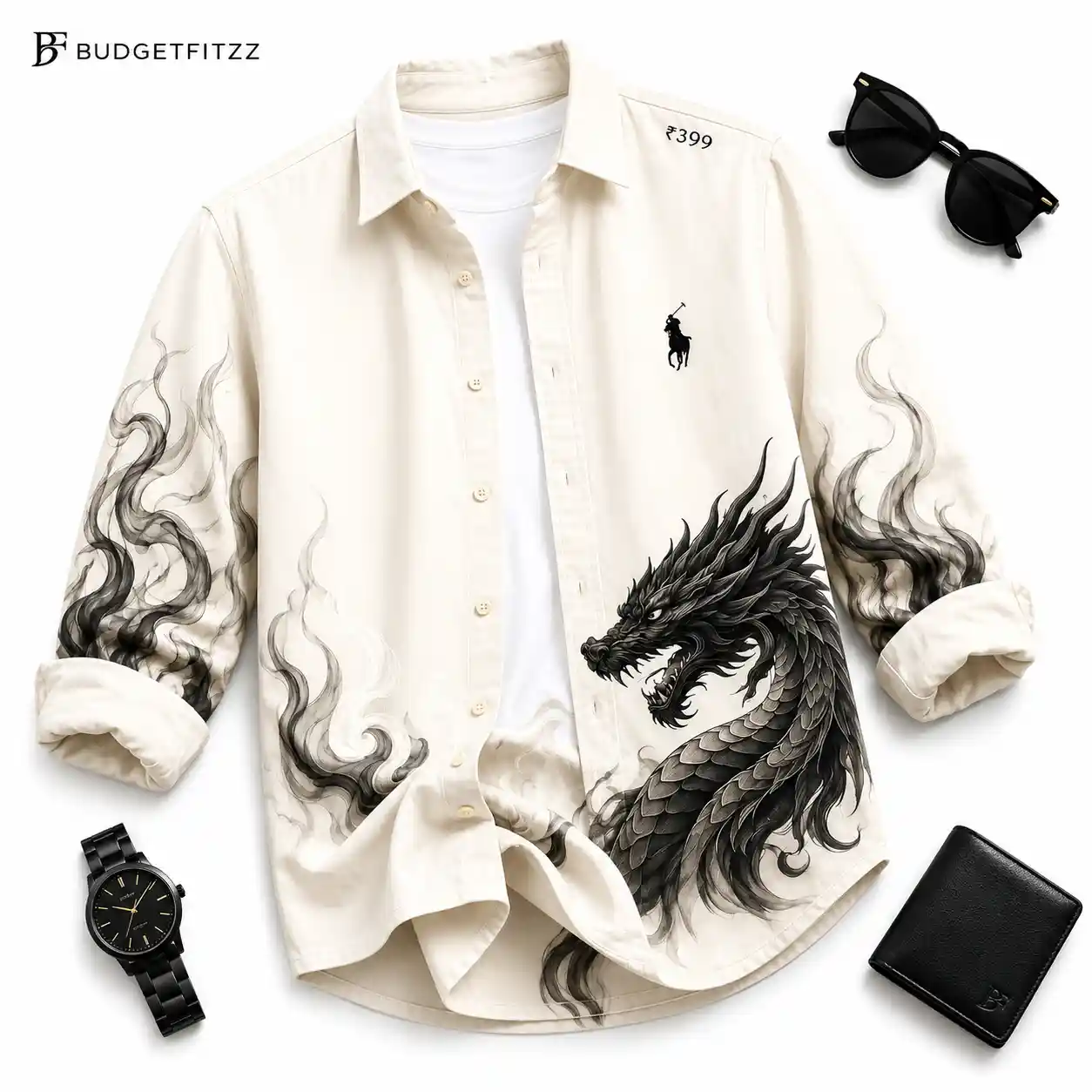 Striking Beige Dragon Print Overshirt and White Tee Combo - Image 3