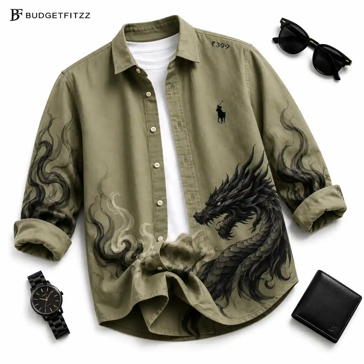 Striking Beige Dragon Print Overshirt and White Tee Combo - Image 5