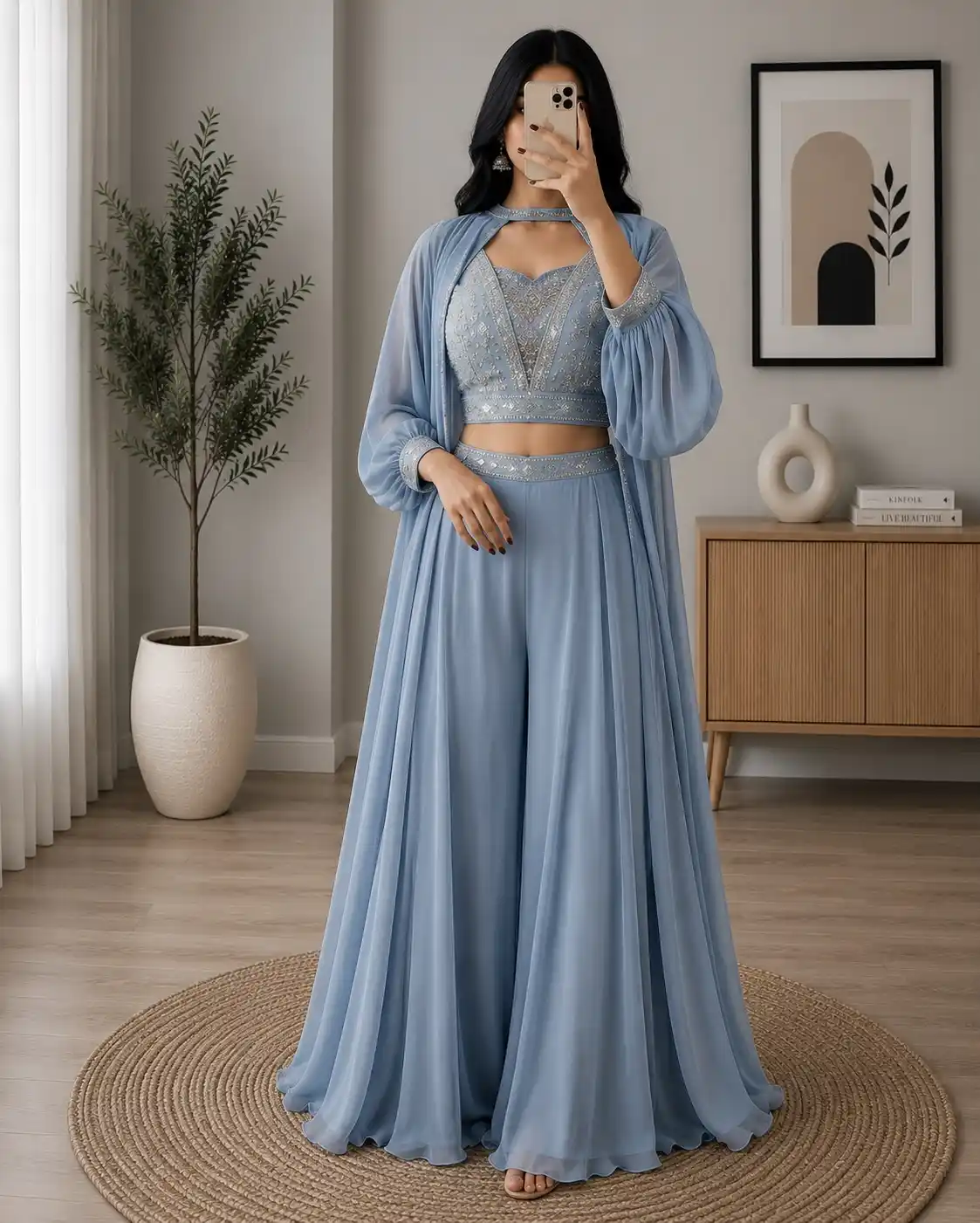Dusty Blue Embellished Crop Top, Palazzo, and Long Jacket 3-Piece Set