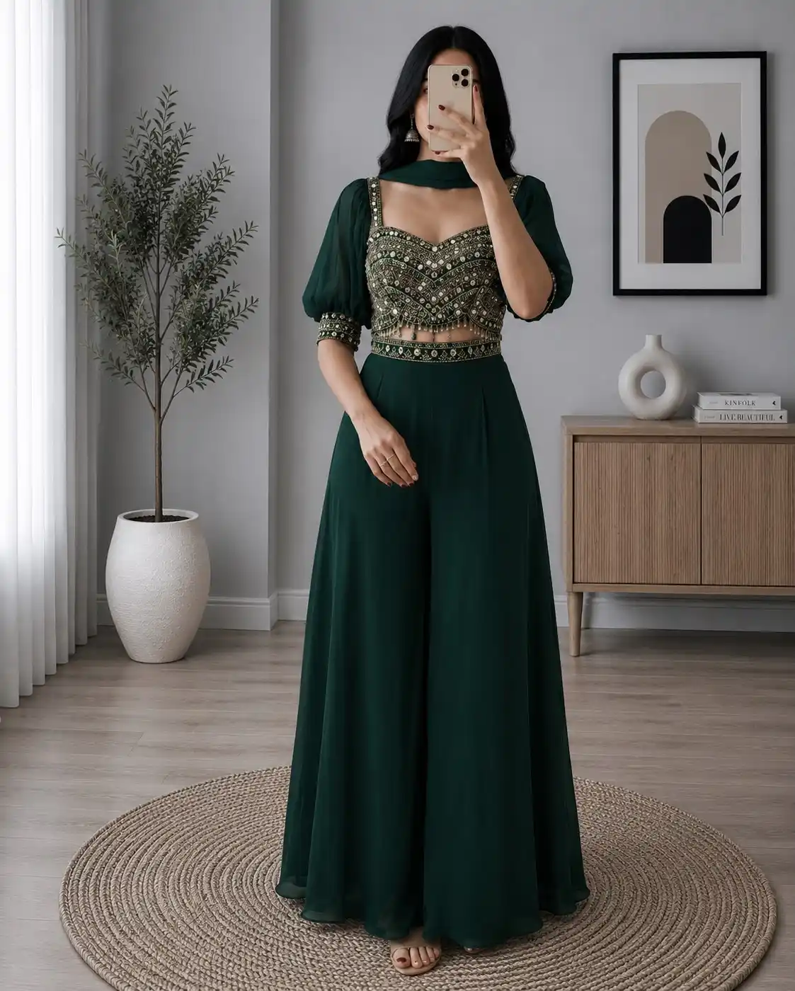 Dusty Blue Embellished Crop Top, Palazzo, and Long Jacket 3-Piece Set - Image 2