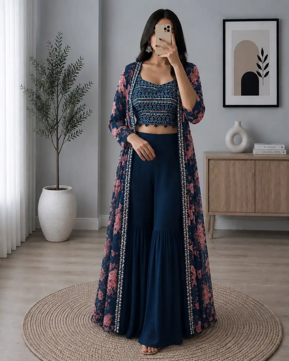Dusty Blue Embellished Crop Top, Palazzo, and Long Jacket 3-Piece Set - Image 8